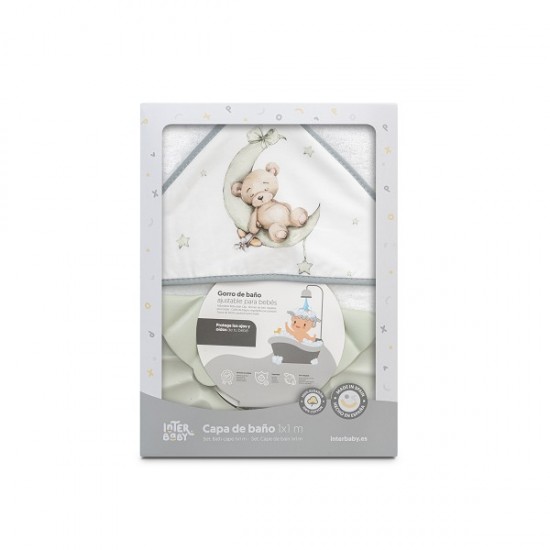 Interbaby Bear Μπουρνούζι Κάπα & Καπέλο Μπάνιου White-Green