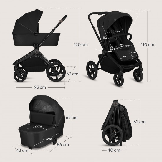 Lionelo Freya Καρότσι Βρεφικό 3 σε 1 έως 22kg με αναδιπλούμενο Πορτ-Μπεμπέ Black