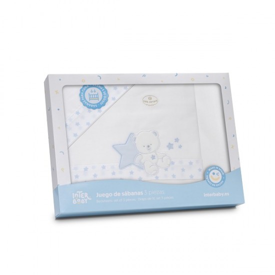 Ιnterbaby Oso Sentado Estrella Σεντόνια Λίκνου Σετ 3 Τεμ 50×80 Blue